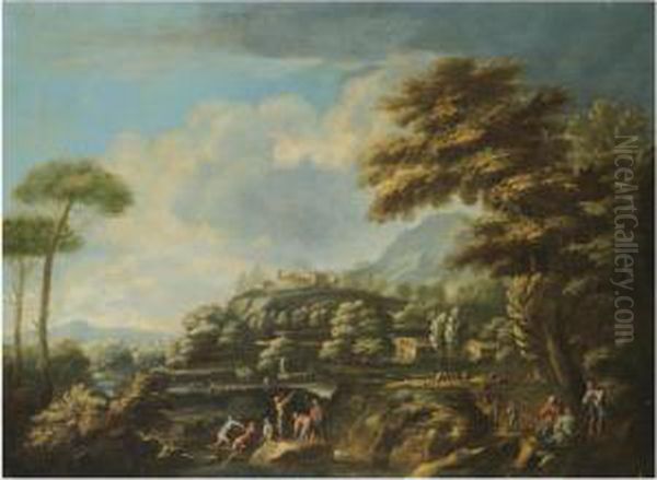 An Extensive River Landscape, 
With Fishermen Drawing Their Nets In The Foreground, A Hilltop Town 
Beyond Oil Painting by Bartolomeo Pedon