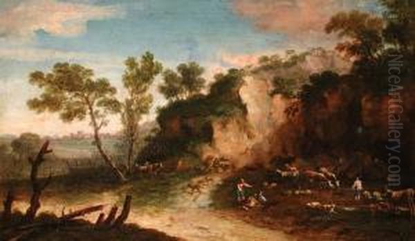 Paesaggio Con
Rocce, Armenti E Pastori In Primo Piano Oil Painting by Bartolomeo Pedon
