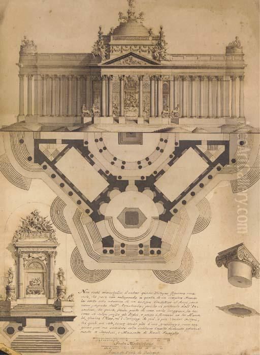 A Design For A Mausoleum: An 
Elevation And A Ground Plan Withsubsidiary Studies Of A Capital And An 
Altar Oil Painting by Domenico Pedrini