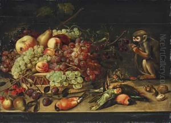 Apples, Cherries, Apricots And 
Other Fruit In A Basket, With Pears, Plums, Robins, A Woodpecker, A 
Parrot And A Monkey Eating Nuts, On A Table Oil Painting by Clara Peeters