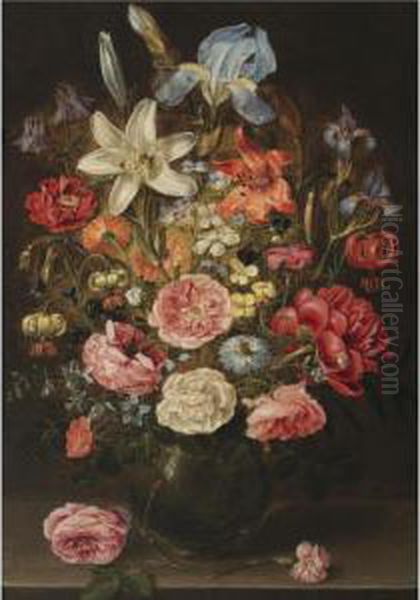 A Still Life Of Lilies, Roses, 
Iris, Pansies, Columbine, Love-in-a-mist, Larkspur And Other Flowers In A
 Glass Vase On A Table Top, Flanked By A Rose And A Carnation Oil Painting by Clara Peeters
