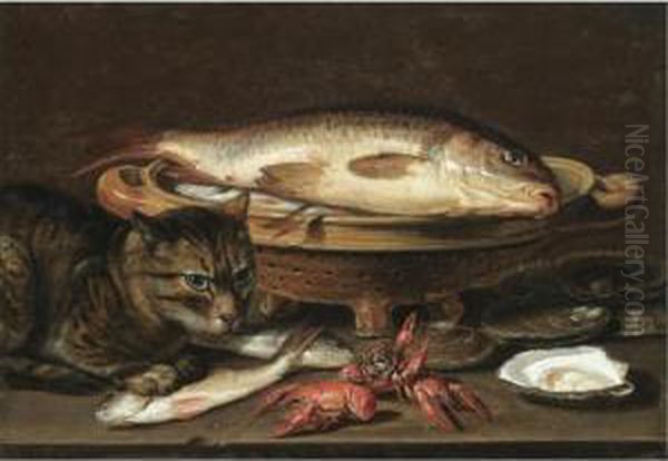 A Still Life With Fish In A 
Ceramic Colander, Oysters, Langoustines, Mackerel And A Cat On The Ledge
 Beneath Oil Painting by Clara Peeters