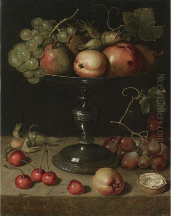 Still Life With Pears, An Apple,
 An Apricot, Almonds And Walnuts On A Tazza With Grapes, A Walnut, An 
Apricot, Cherries And Almonds On A Stone Ledge Oil Painting by Clara Peeters