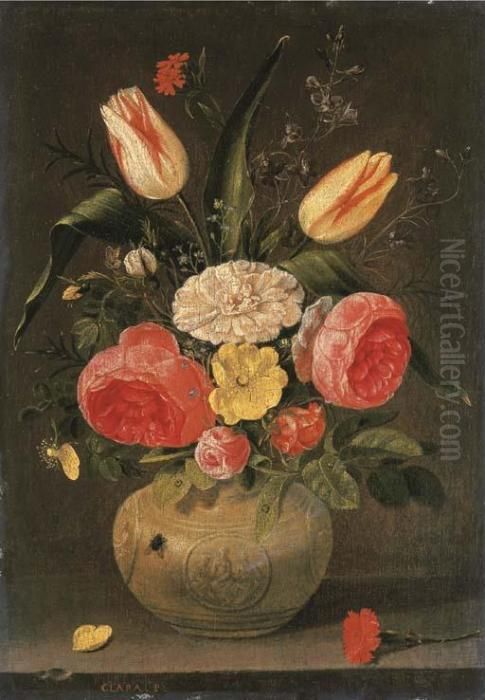 Roses, Tulips, Carnations And 
Other Flowers In A Stoneware Vase With Ornamental Relieves On A Stone 
Ledge Oil Painting by Clara Peeters