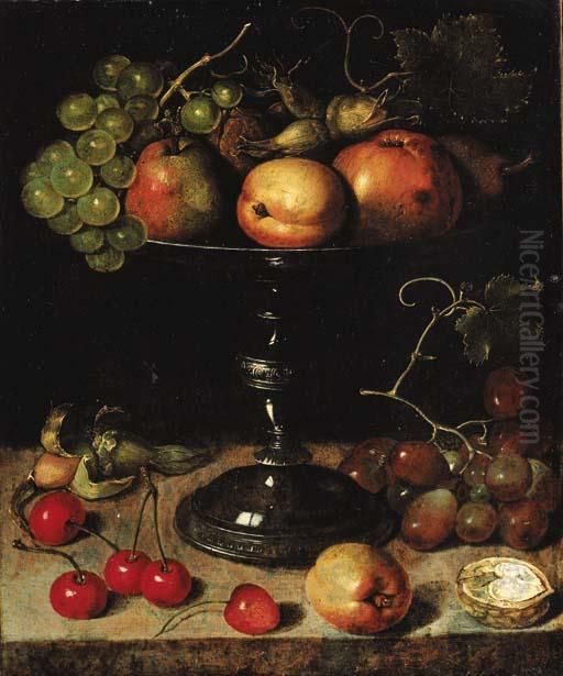 Pears, An Apple, An Apricot, 
Grapes, Almonds And Wallnuts On A Tazza With Grapes, A Wallnut, An 
Abricot, Cherries And Almonds On A Stone Ledge Oil Painting by Clara Peeters