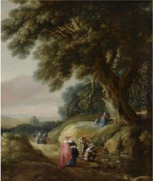 A Wooded Landscape With Elegant 
Travellers And Huntsmen On Apath, With A Woman And A Child Praying At A 
Shrine Oil Painting by Gillis Egidius I Peeters