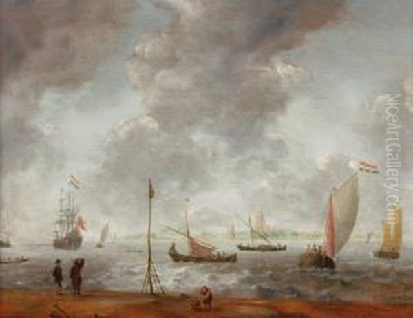 An Estuary Sceneover The Maas 
Near The Dutch Town Of Dordrecht, With Small Dutchvessels, A Man-of-war 
At Anchor, Some Figures On A Beach In Theforeground, Under A Heavily 
Clouded Sky Oil Painting by Jan Peeters