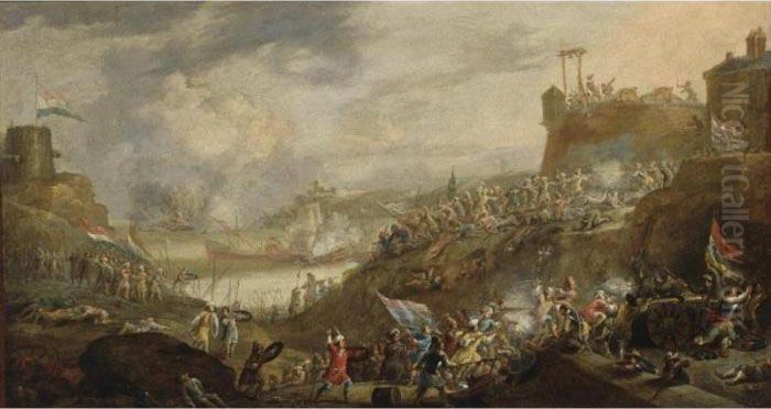 A Battle Scene Between Dutch And
 Turkish Soldiers With Artillery, Near A Fortress On A Mediterranean 
Coast, A Naval Battle In The Bay Nearby Oil Painting by Jan Peeters