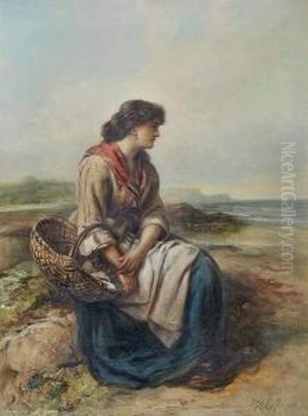 Girl With Basket Seated By The Shore, Signed, Oil On Canvas Oil Painting by Thomas Kent Pelham