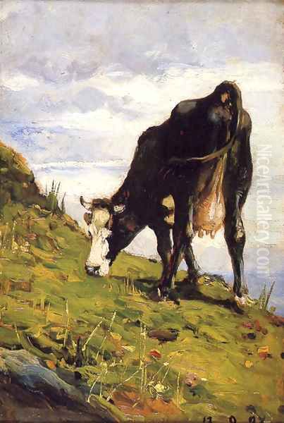 Mucca al pascolo Oil Painting by Lorenzo Delleani