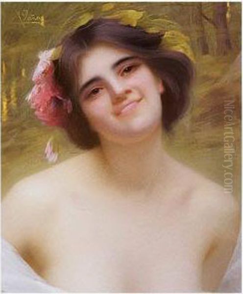 Joven Con Tocado Deflores Oil Painting by Maximino Pena Munoz