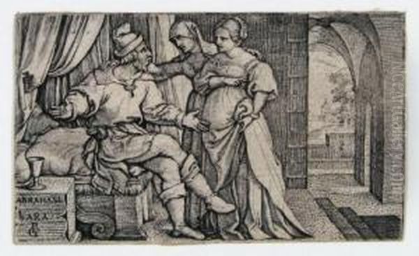 Sarah Fuhrt Hagar Zu Abraham / 
Der Besuch Der Drei Engel Bei Abraham / Die Verstossung Der Hagar. Oil Painting by Georg Pencz