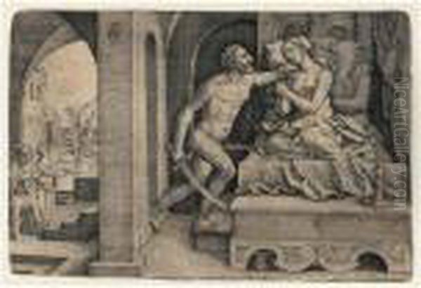 Four Scenes From Early Roman 
History, Plate I Sextus Tarquinius Raping Lucretia (b. 78; Holl.130) Oil Painting by Georg Pencz