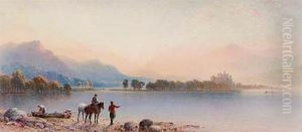 A Highland Loch And Castle At Sunset, With Figures And Ponies On The Shore Oil Painting by Aaron Edwin Penley