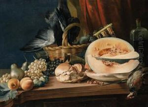 A Melon, A Bread Roll, Bunches 
Of Grapes, Pears And Other Fruit,chestnuts, A Bottle And A Basket Of 
Dead Songbirds On A Table Oil Painting by Jean Valette-Falgores