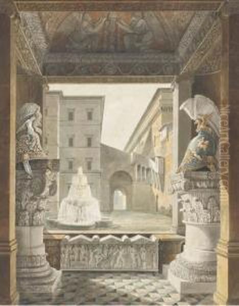 A Roman Courtyard Seen From A 
Loggia Decorated With Antique Helmetson Composite Columns And A 
Sarcophagus Oil Painting by Charles Percier