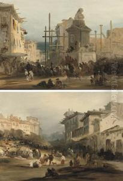 La Fuentecilla In Toledo Street, Madrid; And A View Of Madrid Oil Painting by Genaro Perez Villaamil Y Duguet