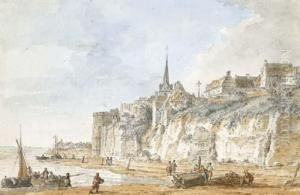 Un Village Fortifie Au Bord 
D'une Falaise Surplombant La Mer, Des Pecheurs Au Premier Plan Oil Painting by Alexis Nicolas Perignon