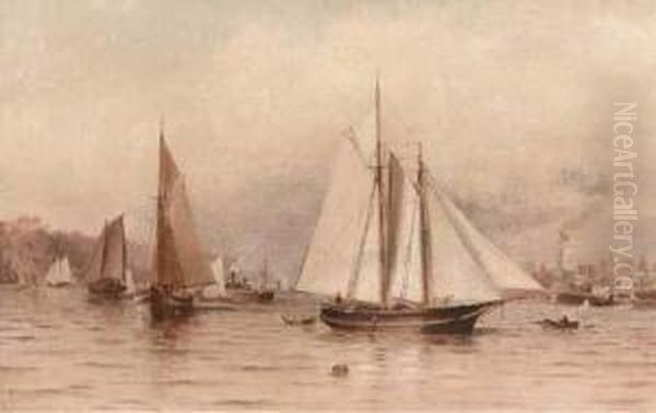 Fishing Boats And Other Shipping
 On The Hudson With A View Of The New York And The Bluffs Oil Painting by Granville Perkins