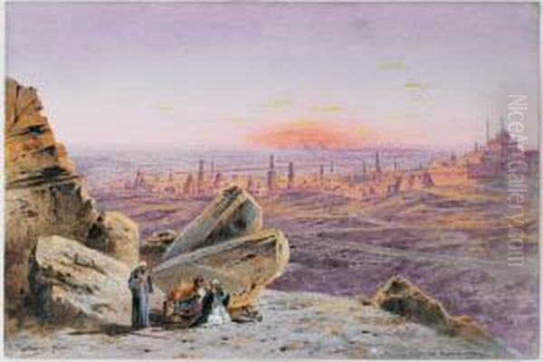 Vue Du Caire, Les Pyramides De 
Gizeh A L'arriere Plan Bords Du Nil Avec Les Pyramides De Gizeh Oil Painting by Friedrich Perlberg