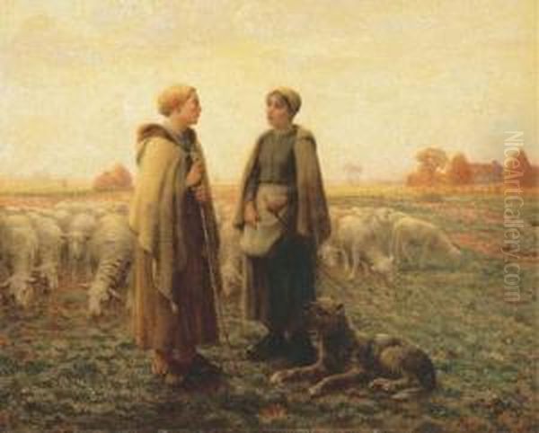 Two Shepherdesses With A Dog Oil Painting by Aime Perret