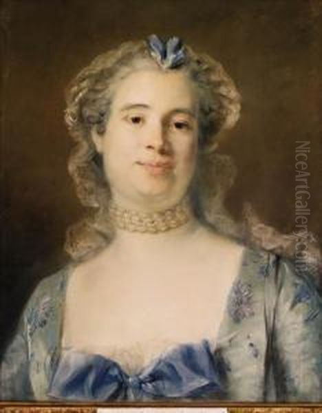 Portrait Of Madame Chevotet, 
Bust-length Wearing A Pale Green Silkdress With A Blue Ribbon, A Laced 
Bonnet And A Pearlednecklace Oil Painting by Jean-Baptiste Perronneau
