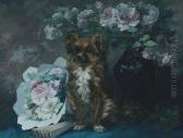 Hondje Poserend Bij Rozenboeketten Oil Painting by Henri Person