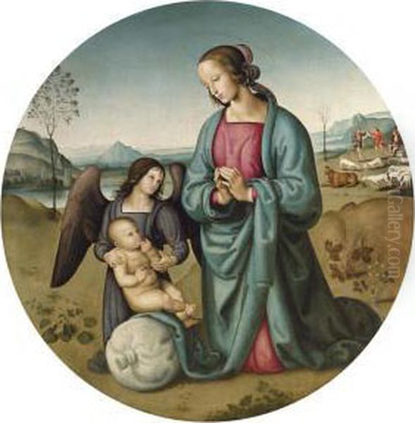 The Madonna And Child With An Angel In A Landscape Oil Painting by Pietro Vannucci Perugino