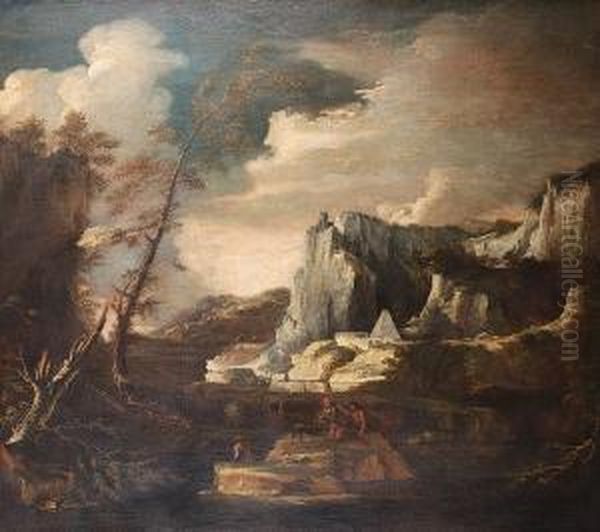 A River Landscape With Anglers On The Rocks In The Foreground Oil Painting by Pietro Vannucci Perugino