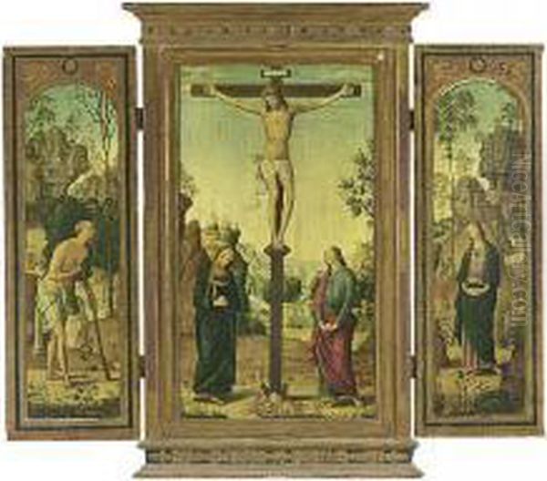 A Reproduction Of A Triptych: 
The Crucifixion With Saint Mary, Saint John, Saint Jerome And Magdalen Oil Painting by Pietro Vannucci Perugino