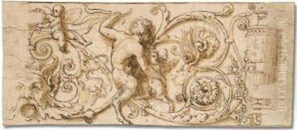 Design For A Frieze: A Satyr 
Protecting An Infant Satyr From A Monster, Amid Acanthus Leaves Oil Painting by Baldassare Peruzzi