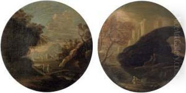 A Mountainous River Landscape 
With Figures Conversing By A Stream; And A Mountainous River Landscape 
With A Fisherman By A Stream And A Traveller On Horseback Oil Painting by Antonio Francesco Peruzzini