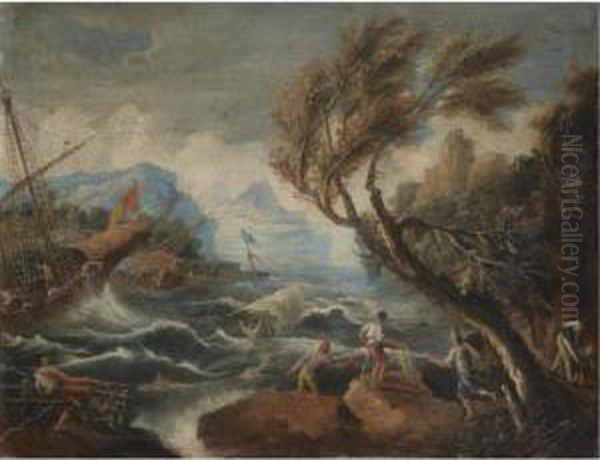 A Tempest With Shipping Being 
Wrecked Off The Coast; A Coastal Scene With Merchants Unloading Their 
Wares On The Quay Oil Painting by Antonio Francesco Peruzzini
