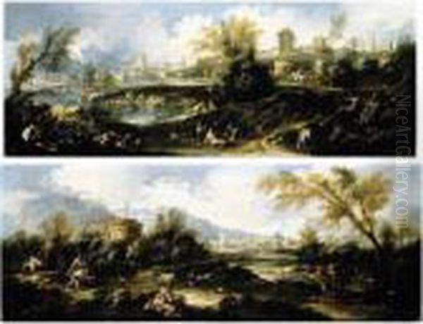 A Capriccio Landscape With A 
Tower, Pilgrims And Other Figures, A Town Beyond; A Capriccio River 
Landscape, Figures In The Foreground, And A Town With An Arch Beyond Oil Painting by Antonio Francesco Peruzzini
