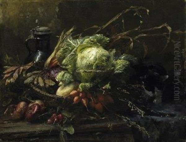 Large Kitchen Still Life With A 
Basket Of Vegetables And A Cat. Signed Bottom Right: Anna Peters. Oil On
 Canvas. 81 X 105cm. Framed Oil Painting by Anna Peters