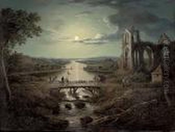 A Moonlit View Of The River 
Tweed With Melrose Abbey In The Foreground And Figures On A Bridge Oil Painting by Abraham Pether