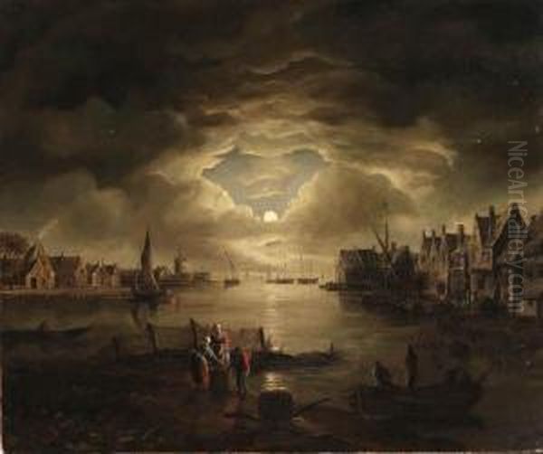 Moonlit River Landscapes With 
Fisherfolk Gathering In Their Catchand Washerwomen By The Shore Oil Painting by Abraham Pether