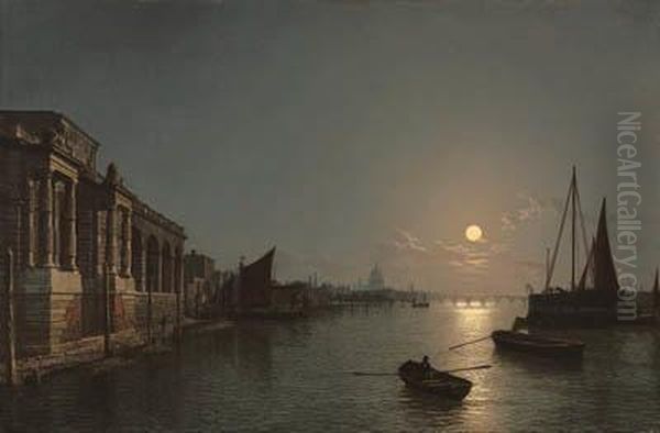 View On The Thames By Moonlight,
 With The Terrace Of Somerset Housein The Foreground, And St. Paul's 
Cathedral And The City Gatehousebeyond Oil Painting by Henry Pether
