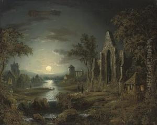 A Moonlit Wooded River Landscape
 With Figures And A Ruined Church In The Foreground, A Village Beyond Oil Painting by Sebastian Pether
