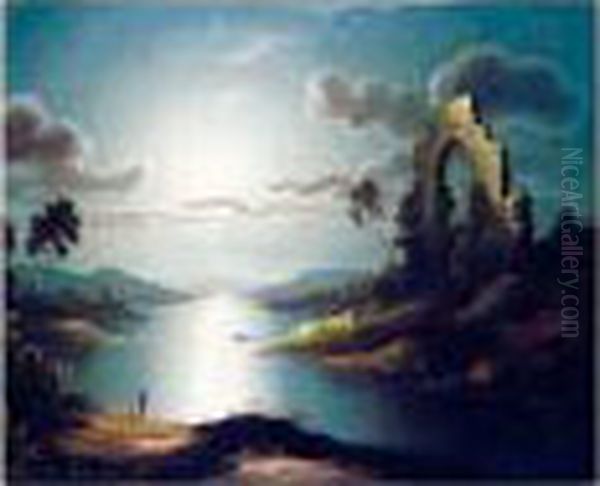 A Moonlit View Of Strangford 
Loch; A Moonlit View Of A Ruined Abbey By The Banks Of A Loch Oil Painting by Sebastian Pether