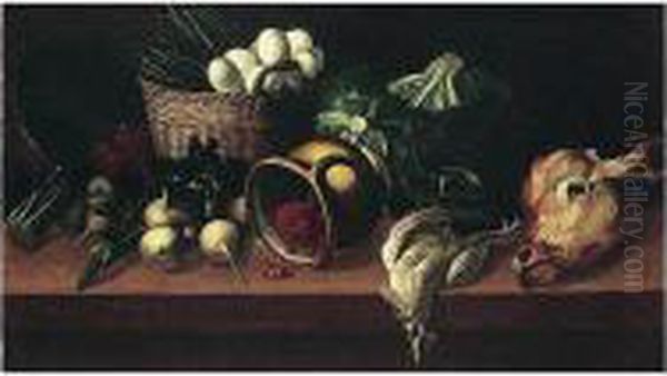 Still Life Of Eggs And Asparagus
 In A Wicker Basket, Together With Raspberries In An Upturned Jug, 
Turnips, Cabbages, Cherries, A Chicken And A Calf's Head, All Arranged 
Upon A Table Top Oil Painting by Astolfo Petrazzi