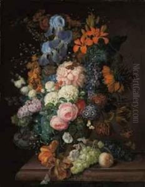 Roses, Peonies, Irises, Violets,
 And Other Blossoms In A Terracottaurn, And Grapes, Blackcurrants And A 
Peach On A Table Oil Painting by Franz Xaver Petter