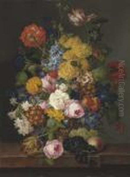 An Abundant Still Life With 
Spring And Summer Flowers In An Urn,with Fruit, On A Marble Ledge Oil Painting by Franz Xaver Petter