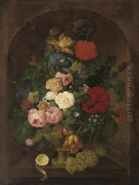 Roses, Poppies, Parrot Tulips, 
Primula, Convolvulus And Other Flowers In An Urn, With A Partly-peeled 
Lemon And Grapes, On A Stone Ledge, With A Red Admiral And Other 
Butterflies Oil Painting by Franz Xaver Petter