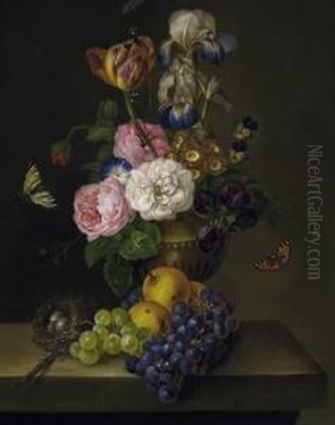 Still Life. A Vase With 
Spring-flowers Next To Grapes, Apples And A Birds' Nest On A Table 
Plate. Signed And Dated On The Plate: F. Petter 1812 Oil Painting by Franz Xaver Petter