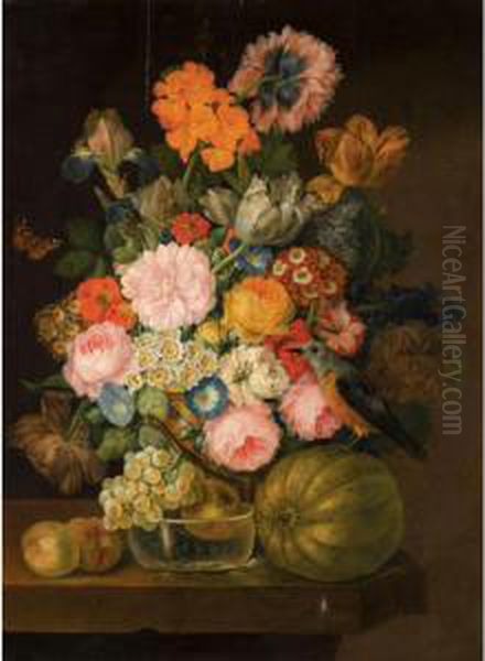 Still Life With Tulips, 
Primroses, Morning Glory, Roses, Irises And Other Flowers, Together With
 Various Fruits And A Bird On A Stone Ledge Oil Painting by Franz Xaver Petter