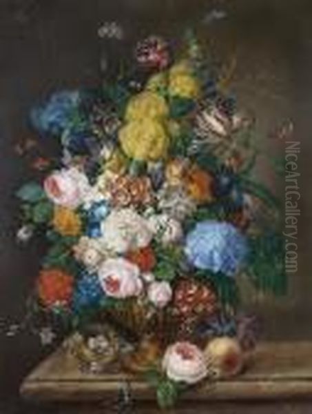 Roses, Irises, Carnations, 
Tulips And Other Flowers In A Bronze Urn On A Marble Ledge With A Peach 
And A Birds' Nest Oil Painting by Franz Xaver Petter