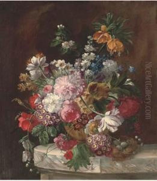 Roses, Tulips, Chrysanthemums, 
Narcissae And Other Summers Bloomsin An Urn By A Bird's Nest On A Marble
 Ledge Oil Painting by Franz Xaver Petter