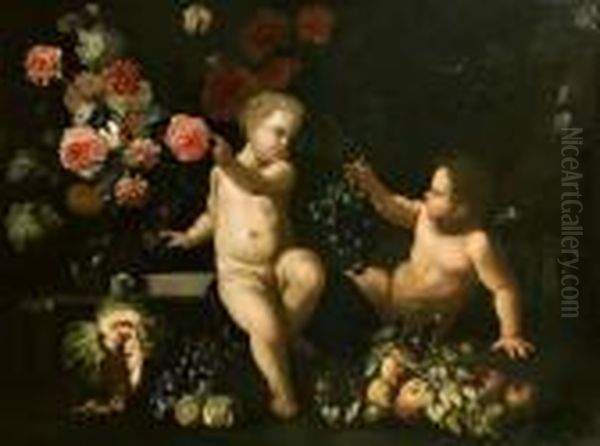 Due Putti Con Rose, Garofani E Altri Fiori E Frutti En Plein Air Oil Painting by Maximilian Pfeiler