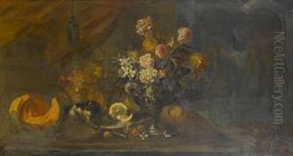 Chrysanthemums, Tulips, 
Convolvulus And Otherflowers In A Pewter Urn, On A Table-top, With 
Grapes, Apples,lemons, A Pumpkin, And A Dog Oil Painting by Maximilian Pfeiler